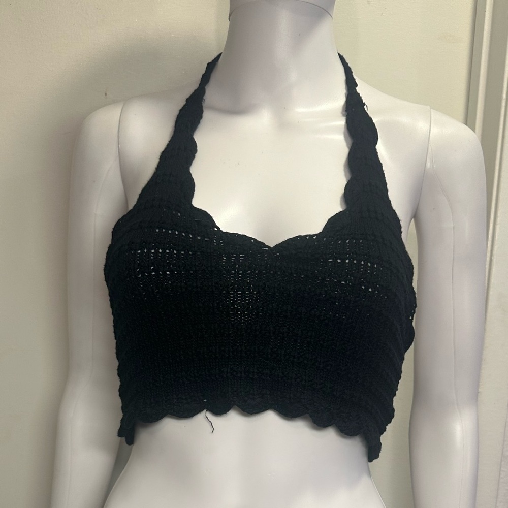 Black crochet halter neck crop top